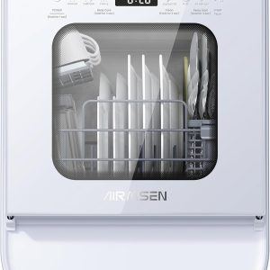 Desktop dishwasher set, double-layer shelf design, portable dishwasher, built-in 5-liter water tank, 3 spray arms, 12-hour delay start, no need to connect power supply, white model
