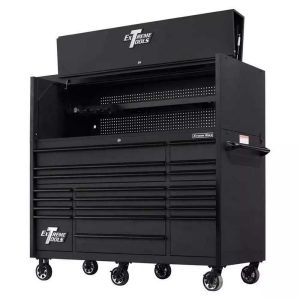 EXTREME TOOLS 72" RX SERIES 19-DRAWER 25" DEEP ROLLER CABINET W/HUTCH, 150 LB SLIDES - MATTE BLACK W/BLACK HANDLES