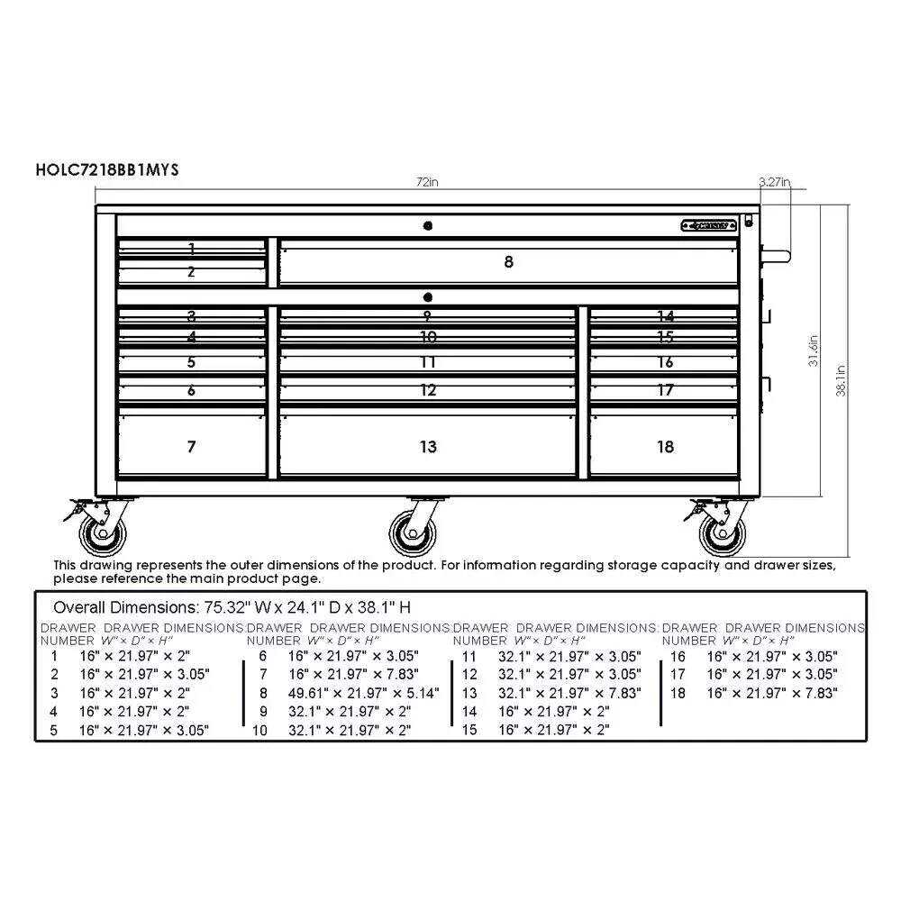 Husky 72 in. 18-Drawer Mobile Workbench with Adjustable-Height Solid Wood Top, Matte Black - Image 11