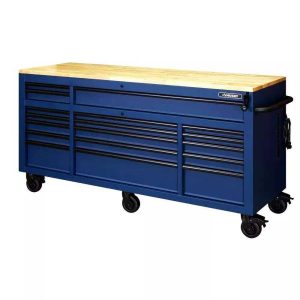 72 IN. 18-DRAWER MOBILE WORKBENCH WITH ADJUSTABLE-HEIGHT SOLID WOOD TOP IN MATTE BLUE