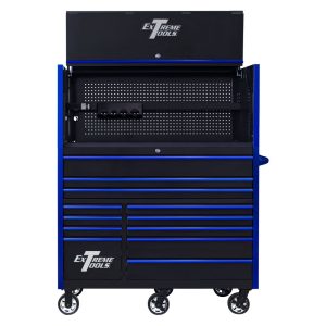 EXTREME TOOLS RX SERIES 55" 12-DRAWER ROLLER WITH HUTCH - BLACK W/BLUE DRAWER PULLS
