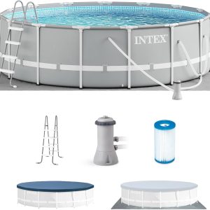 Above Ground Swimming Pool w/ Pump, Cover, & Ladder, 18' x 48", Prism Frame, Gray - Outdoor Round Family Pool w/ Filter, 42-Inch Deep Water