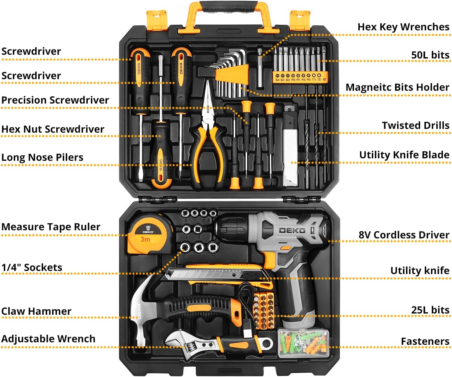 DEKOPRO Tool Set:Tool Kit with 8V Cordless Drill,Tool Box with Drill,Hand Drill Set for Men & Women,Home Tool Kits for House Repair,Handyman,DIY 126 Piece - Image 2
